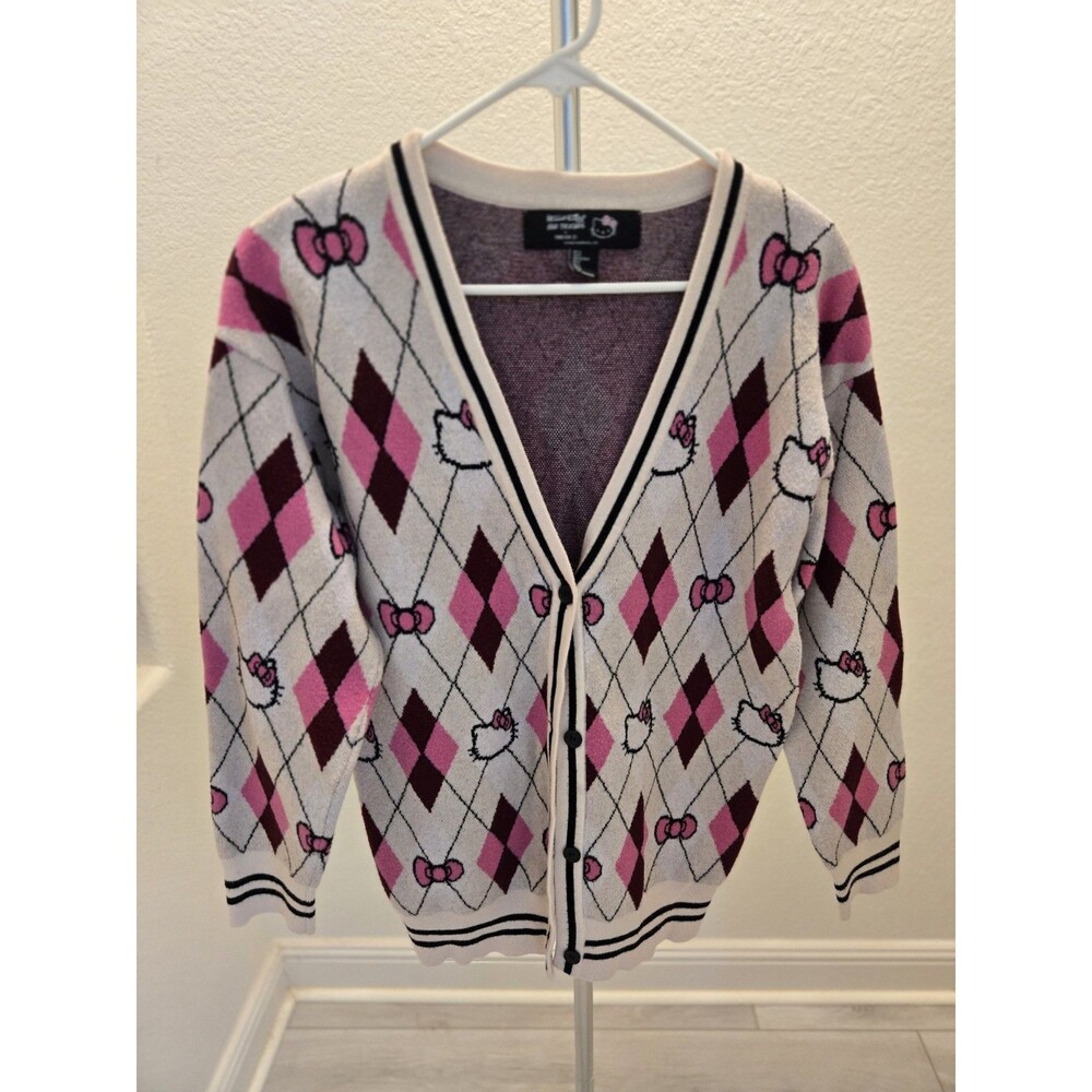 Hello Kitty Forever 21 Argyle Cardigan Sweater Womens Size Small Pink Sanrio